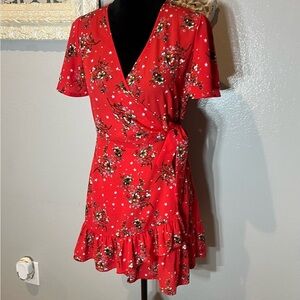 Vibrant Red Floral Wrap Dress